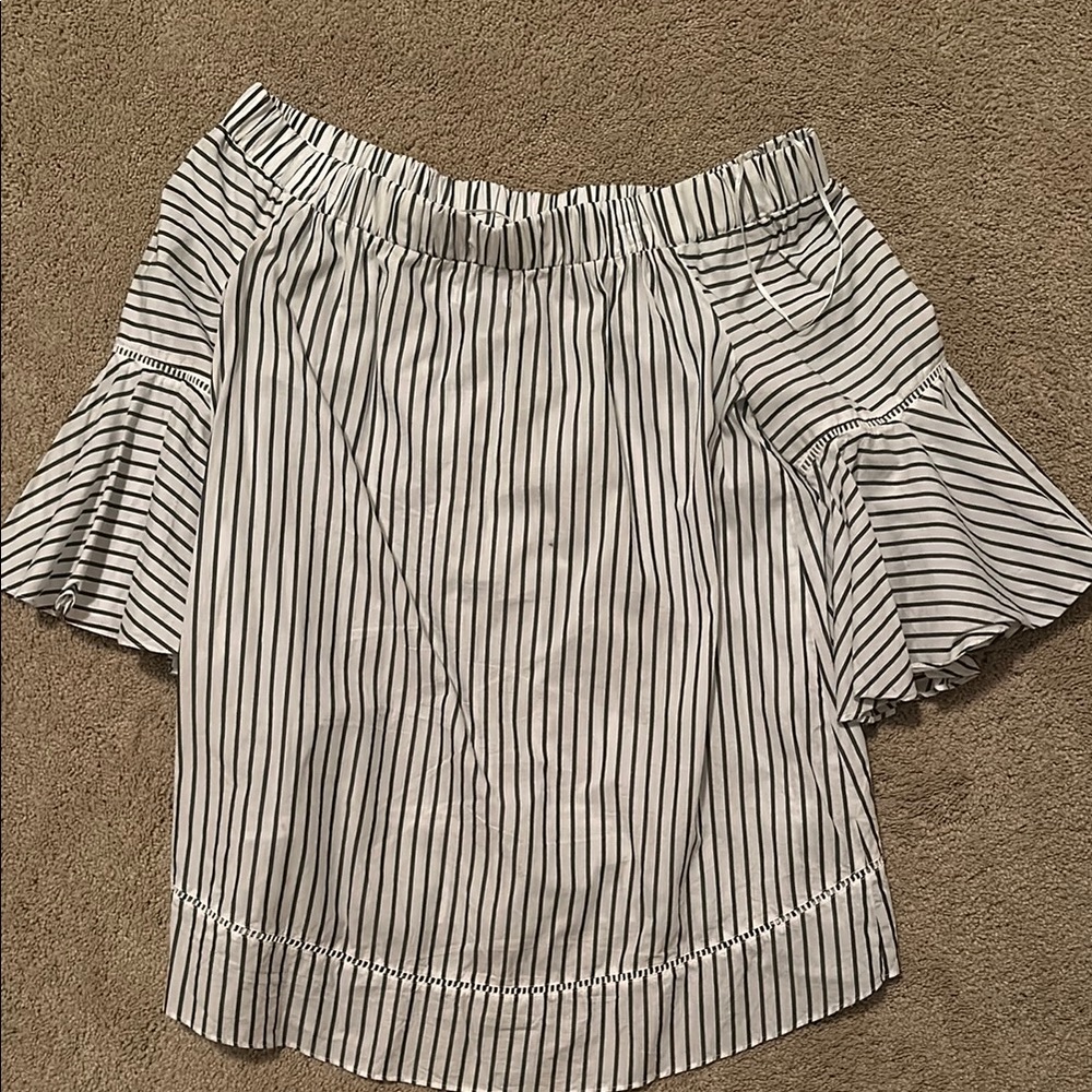 Chelsea28 Black and White Off-Shoulder Ruffled Bell Sleeve Blouse